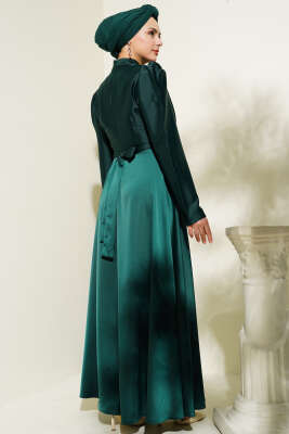 Omuz Taşlı Saten Abiye Elbise Zümrüt - Tesettür Elbise