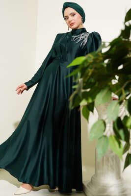 Omuz Taşlı Saten Abiye Elbise Zümrüt 