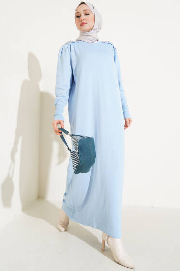 Omuz Taşlı Triko Elbise Bebe Mavi - Elbise