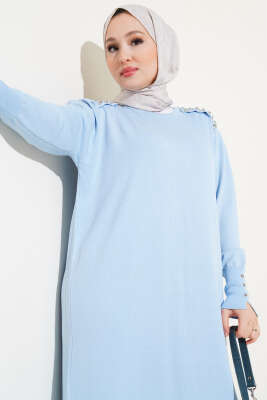 Omuz Taşlı Triko Elbise Bebe Mavi - Tesettür Elbise