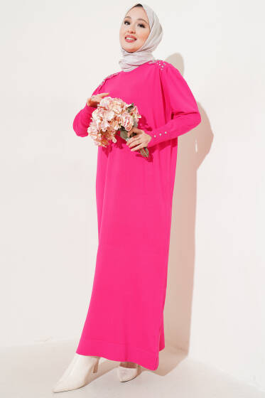 Omuz Taşlı Triko Elbise Fuşya - Elbise