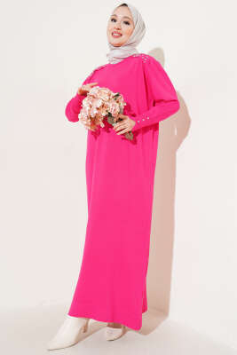 Omuz Taşlı Triko Elbise Fuşya 