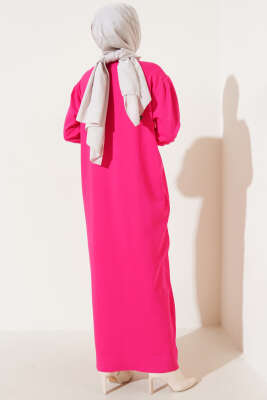 Omuz Taşlı Triko Elbise Fuşya - Tesettür Elbise