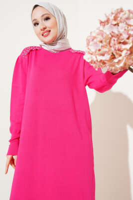 Omuz Taşlı Triko Elbise Fuşya - Tesettür Elbise