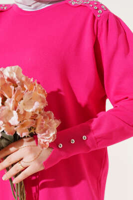 Omuz Taşlı Triko Elbise Fuşya - Tesettür Elbise