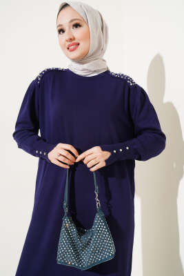 Omuz Taşlı Triko Elbise Lacivert - Tesettür Elbise