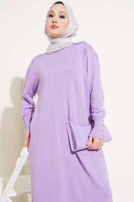 Omuz Taşlı Triko Elbise Lila - Tesettür Elbise