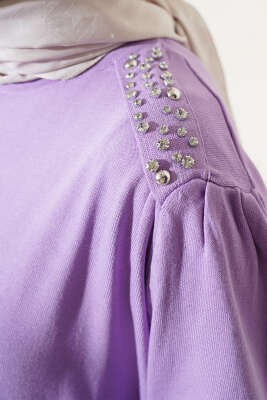 Omuz Taşlı Triko Elbise Lila - Tesettür Elbise