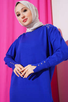 Omuz Taşlı Triko Elbise Saks - Tesettür Elbise