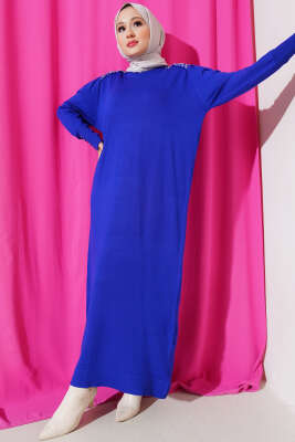 Omuz Taşlı Triko Elbise Saks - NEFİSE