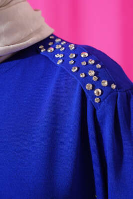 Omuz Taşlı Triko Elbise Saks - Tesettür Elbise