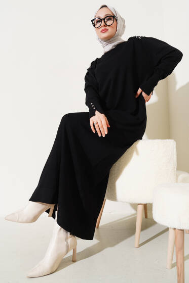 Omuz Taşlı Triko Elbise Siyah - Elbise