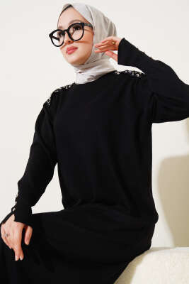 Omuz Taşlı Triko Elbise Siyah - Tesettür Elbise