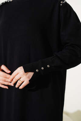 Omuz Taşlı Triko Elbise Siyah - Tesettür Elbise