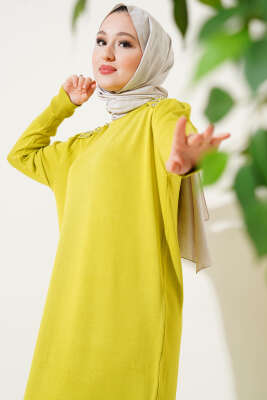 Omuz Taşlı Triko Elbise Yağ Yeşili - Tesettür Elbise