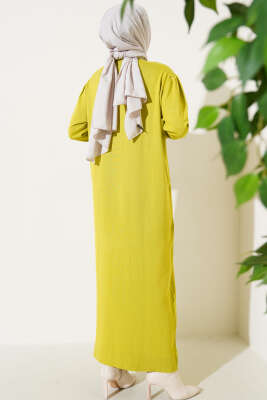 Omuz Taşlı Triko Elbise Yağ Yeşili - Tesettür Elbise