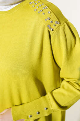 Omuz Taşlı Triko Elbise Yağ Yeşili - Tesettür Elbise