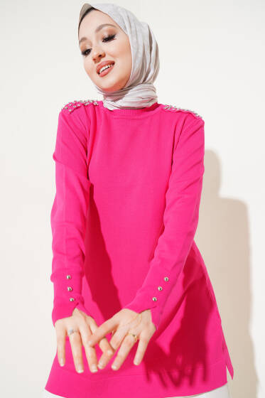 Omuz Taşlı Triko Tunik Fuşya - Tunik