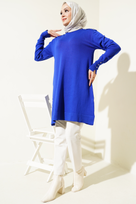 Omuz Taşlı Triko Tunik Saks - Triko Tunik