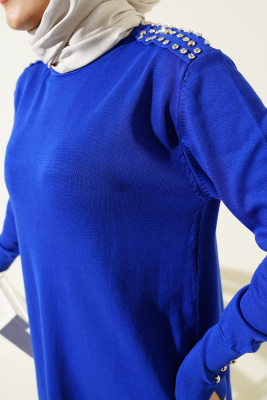 Omuz Taşlı Triko Tunik Saks - Triko Tunik