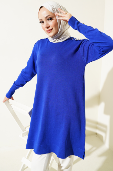 Omuz Taşlı Triko Tunik Saks - Tunik