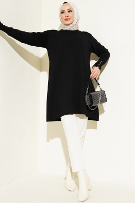 Omuz Taşlı Triko Tunik Siyah - Triko Tunik