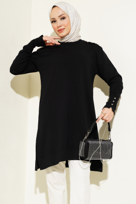 Omuz Taşlı Triko Tunik Siyah - NEFİSE
