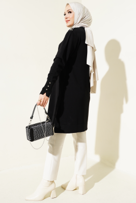 Omuz Taşlı Triko Tunik Siyah - Triko Tunik