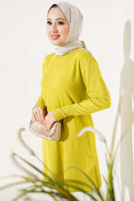 Omuz Taşlı Triko Tunik Yağ Yeşili 