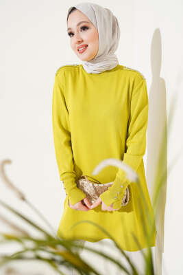 Omuz Taşlı Triko Tunik Yağ Yeşili - Triko Tunik