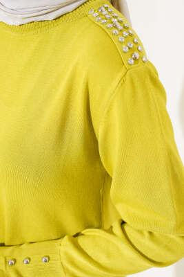 Omuz Taşlı Triko Tunik Yağ Yeşili - Triko Tunik