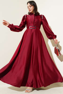 Omuz Taşlı Yarım Gizli Düğmeli Saten Elbise Bordo - BERAT TEKSTİL