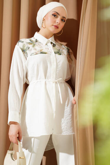 Omuz Tül Çiçekli İp Kuşaklı Gömlek Haki - Gömlek