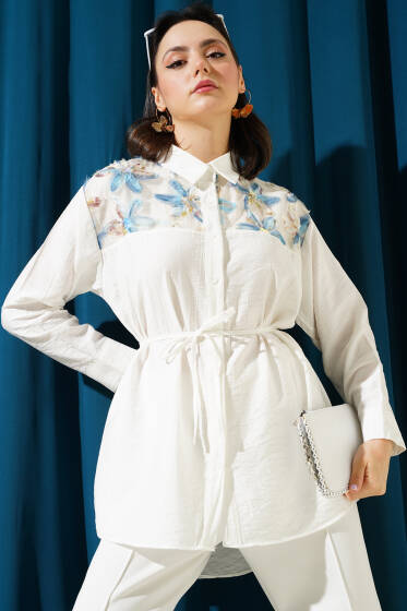 Omuz Tül Çiçekli İp Kuşaklı Gömlek Mavi - Gömlek
