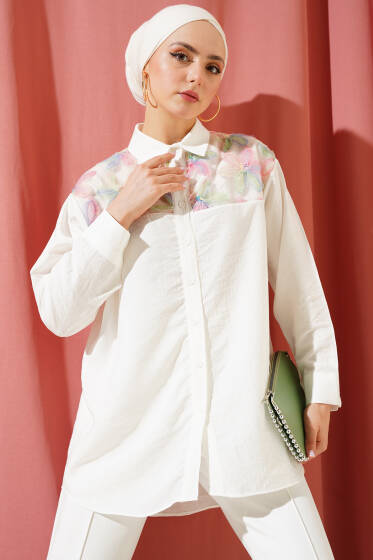 Omuz Tül Çiçekli İp Kuşaklı Gömlek Pembe - Gömlek