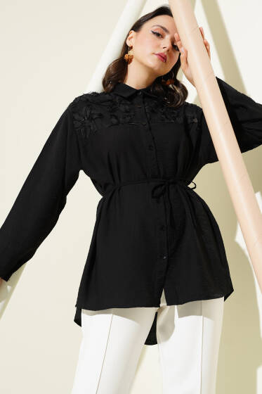 Omuz Tül Çiçekli İp Kuşaklı Gömlek Siyah - Gömlek