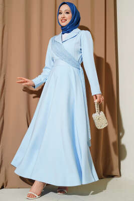 Omuz Tüllü Kruvaze Yaka Elbise Bebe Mavi 