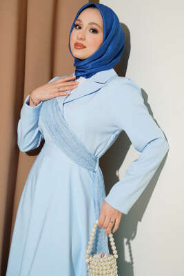 Omuz Tüllü Kruvaze Yaka Elbise Bebe Mavi - Elbise