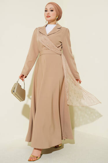 Omuz Tüllü Kruvaze Yaka Elbise Bej - Elbise
