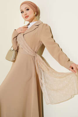 Omuz Tüllü Kruvaze Yaka Elbise Bej - Elbise