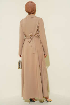 Omuz Tüllü Kruvaze Yaka Elbise Bej - Elbise