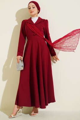 Omuz Tüllü Kruvaze Yaka Elbise Bordo 