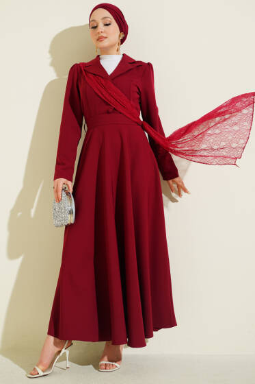 Omuz Tüllü Kruvaze Yaka Elbise Bordo - Elbise