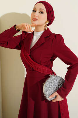 Omuz Tüllü Kruvaze Yaka Elbise Bordo - Elbise