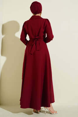 Omuz Tüllü Kruvaze Yaka Elbise Bordo - Elbise