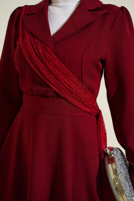 Omuz Tüllü Kruvaze Yaka Elbise Bordo - Elbise