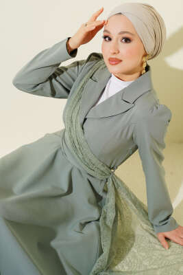 Omuz Tüllü Kruvaze Yaka Elbise Çağla Yeşili 