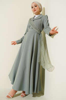 Omuz Tüllü Kruvaze Yaka Elbise Çağla Yeşili - Elbise