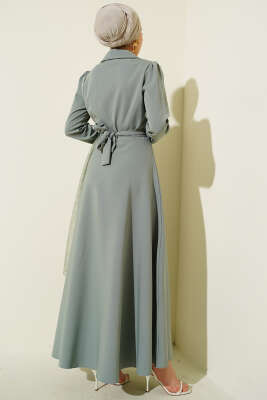 Omuz Tüllü Kruvaze Yaka Elbise Çağla Yeşili - Elbise