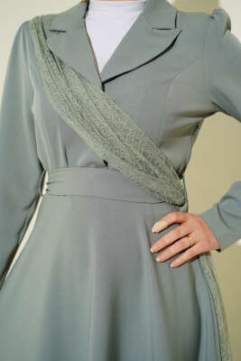 Omuz Tüllü Kruvaze Yaka Elbise Çağla Yeşili - Elbise